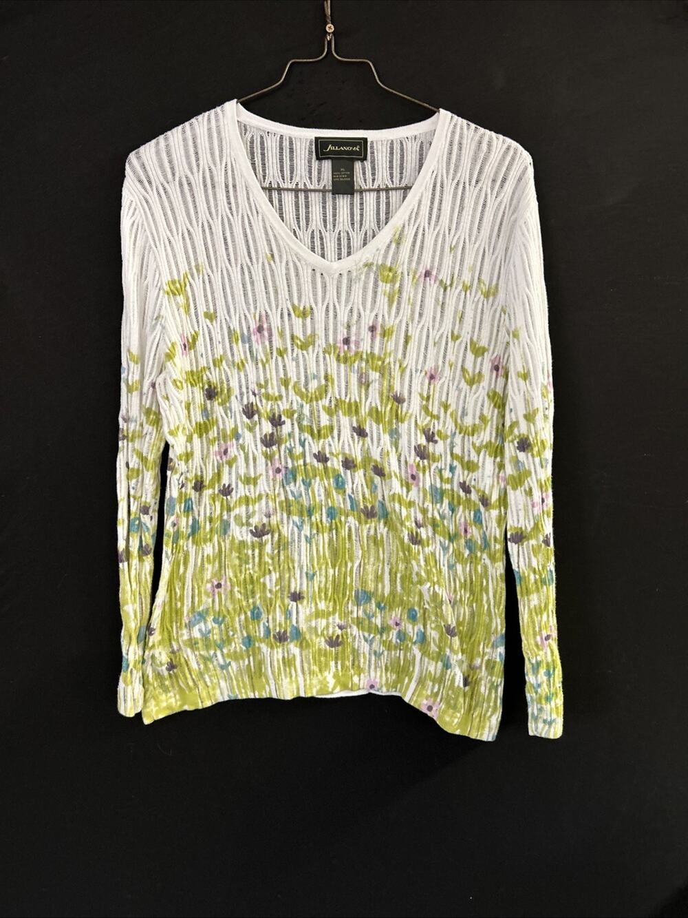 Jillanova Women's XL Cotton Knit Floral Long Sleeve Pullover Sweater White Light